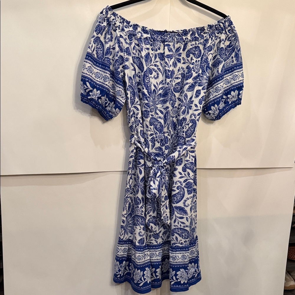 LOFT Blue and White Off-Shoulder Midi Dress